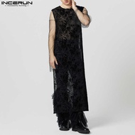 INCERUN ◆ Men's Elegant See Through ral Print Long Tan Party Sleeveless Vests Sando Singlet (Wester