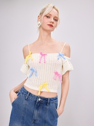 Cider Knitted Off-shoulder Colorful Bowknot Crop Short Sleeve Top