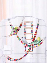 1入組鸚鵡玩具套裝,包括木製彩色鞦韆、梯子、棲木、繩索、吊床和鈴鐺