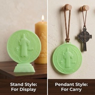 Glow in the Dark St. Benedict Medal Exorcism Protection Cross Plastic Religious Statue with Stand