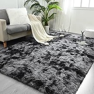FlyDOIT Large Area Rugs for Living Room, 5x8 Feet Tie-Dyed Dark Grey Shaggy Rug Fluffy Throw Carpets