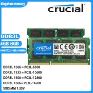 Crucial DDR3 RAM 8GB 4GB DDR3L 1866Mhz 1600Mhz 1333Mhz 1066Mhz แล็ปท็อป RAM PC3L-14900 12800 10600 8500 DDR3 1.35V 204pin SO-DIMM หน่วยความจำสำหรับโน๊ตบุ๊ค