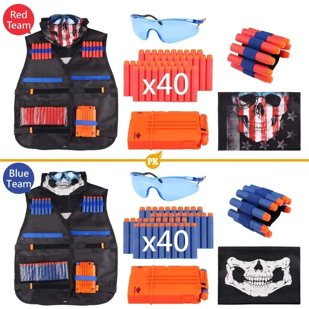 Kids Tactical Vest Kit Nerf Guns Series Refill Darts Reload Clips Tactical Mask Wrist Band and Protective Glasses Nerf Vest Toys