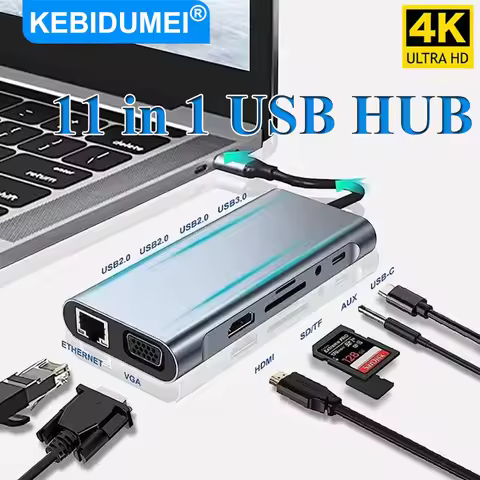 KEBIDUMEI USB 3.0 Docking Station 11-in-1 Type-C HUB USB C Splitter Adapter Type C to 4K HDMI VGA PD