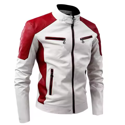 Patchwork Motorcycle Jacket Men ,Leather Jacket, Color-blocking Stand-up Collar Coats, PU Motorcycle