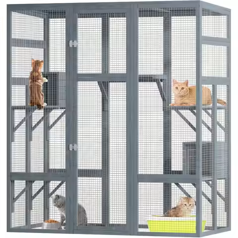 Large Outdoor Cat Enclosure with 7 Platforms, 2 Resting Areas, Waterproof and UV-Protected Wooden Ca