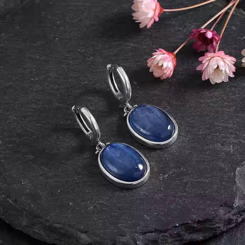 Simple Style Large Oval Natural Kyanite S925 Silver Hoop Earrings Gems Elegant Pendant Luxury Jewelr