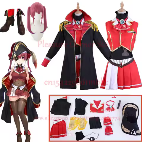Anime VTuber Hololive Houshou Marine Captain Cosplay Costume Full Set Uniform Dress Suit Shoes Wig C
