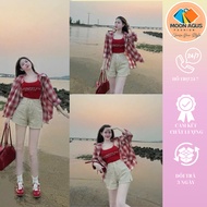 Fashion women's Set of red 2-piece shirt with long-sleeved checkered jacket and youthful, dynamic kh