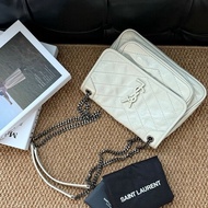 YSL/聖羅蘭 niki 新款 D扣 小號奶白色郵差包 斜背包 油蠟皮 單肩斜挎包