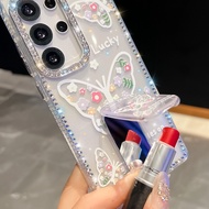 Applicable to Samsung S25Ultra Phone case Mirror bracket+Sparkling Diamond Frame+Thickness2.0 S24Plu