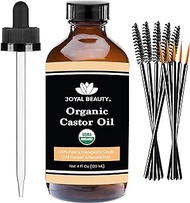 JOYAL BEAUTY Castor Oil USDA Certified Organic(4oz). 100% Pure Cold Pressed Unrefined Hexane Free Glass Bottle. Hair Eyelashes Eyebrows Lash Serum. For Face, Skin, Body, Belly Button. Free Mascara