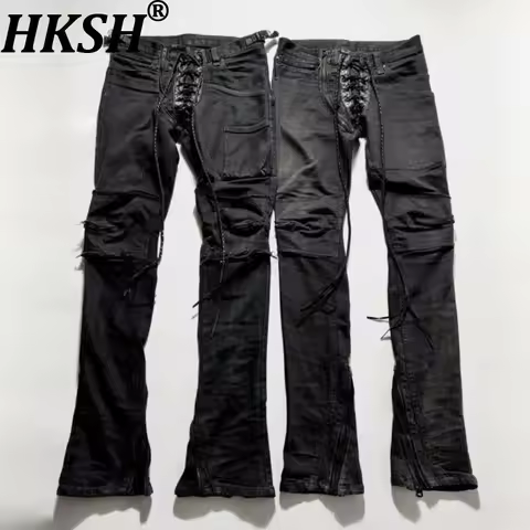 HKSH Spring New Men Tide Punk Vintage Jeans Visual Style Washed Lace-Up Slight Flare Denim Pants Fas