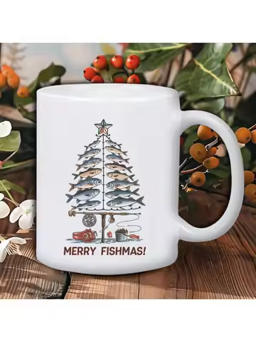 Merry Fishmas Ceramic Mug - Unique Fishing Christmas Tree Design, Perfect Gift for Coffee and Tea Lo