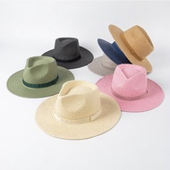 2023 New Plain Band Panama Straw Hats For Women Summer Beach Hats Wide Brim Sun Hat Funeral Church Derby Fedora Cap UPF50+