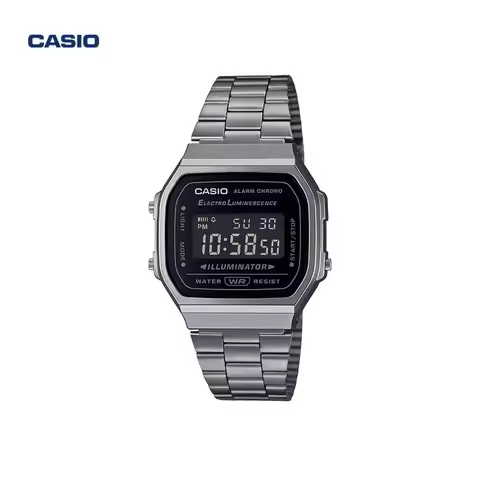 Casio A168WGG-1B Retro Square Blackout Watch, Grey Stainless Steel Band Battery EL Light Daily Alarm