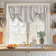 【Ready Stock】Rural Sweet Floral Short Curtain with Tassels For Kitchen Cotton Linen Half Valance Voile Drapes Pull Up Small Window Coffee Cabinet Bay Window Treatment Rod Pocket