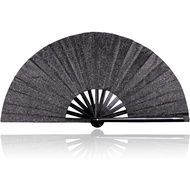 Large Hand Fan Folding Rave Fans(Black) -Premium Glitter Fabric & Portable Bamboo Frame for Line Dan