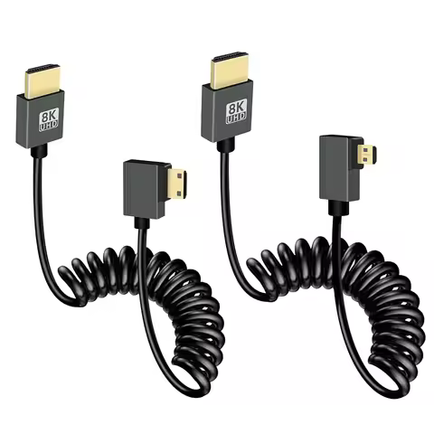 90 Degree Mini Micro HDMI-compatible Coiled Cable Support 3D 8K Spring Flexible Slim Cord for Camera
