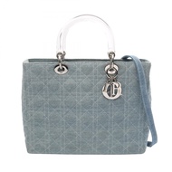 【二手】迪奧 Lady Dior 大 Cannage 兩用手提包，淺藍色牛仔布，女士托特包