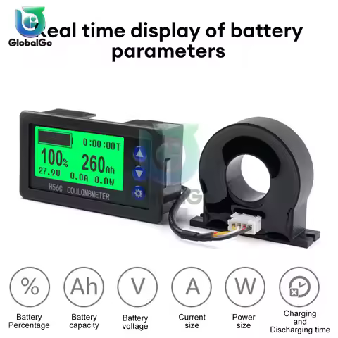 H56CH Hall Coulomb Meter Ammeter Voltmeter 9-100V 400A LED Voltage Current Tester Capacity Indicator