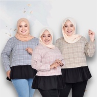 XL-3XL MUSLIMAH PLUS SIZE BLOUSE Classic Peplum Top Blouse Dual Tone Corak Petak Ruffle 8024