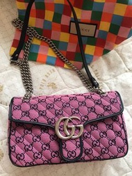 GUCCI Marmont Multicolor Canvas 馬夢包 粉紅丹寧銀鏈 斜揹包 肩背包