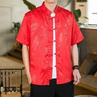 【ks1511.my】 唐装提花冰丝短袖衬衫男中国风红色汉服衬衣大码新中式立领外套男Tang style jacquard ice silk short sleeved shirt for men, 