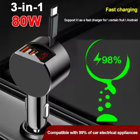 3 in 1 80W Retractable Cable Car Charger PD 30W Fast Car Phone Charger For iPhone Samsung Huawei Cig