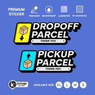 Dropoff Parcel. Pickup Parcel. Sticker Sign 3D Feel Wording Label Design. Parcels Delivery Deliverie