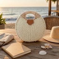 Round Handle Straw Bag Structured Woven Handbag Straw Handbag Compact Handheld Bag Tan Accent