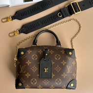 ::LOUIS VUITTON:: LV M45571 Petite Malle Souple咖啡色經典花紋拼接黑色皮革手提兩用包 斜背包