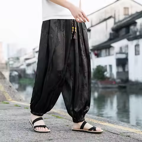 Men's Pants Dragon Pattern Chinese Loose Trousers Smooth Satin Pants Taiji Comfortable Beach Pants M
