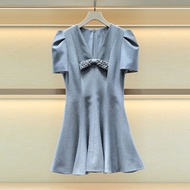 V-Neck Bow Fishtail Hem Dress with Diamond Detail - Loose Fit 3604C