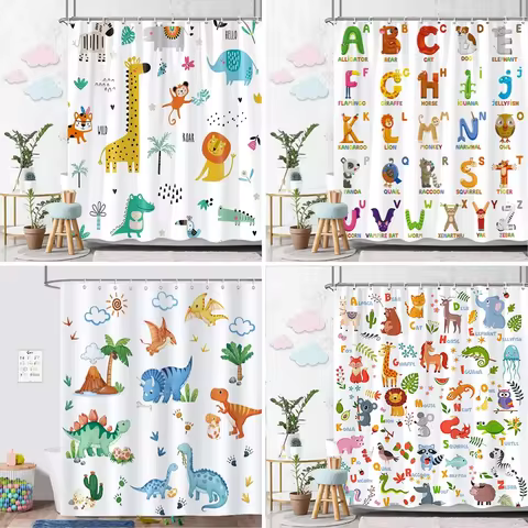 Cartoon Animal Alphabet Shower Curtain Kids ABC Educational Learning Tools Baby Girls Boys Colourful
