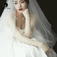 sarung tangan pengantin baju nikah perempuan wanita Long Wedding Gloves Bridal All Finger Wedding Gloves Xian Han Style Lace New White Pearl Mesh Style