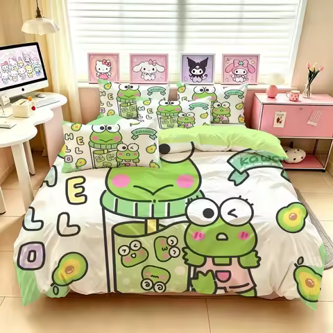 Keroppi Cartoon Duvet Cover Set, Soft Cotton 3 Piece Bedding with Pillowcase, Cute Home Gift for Stu