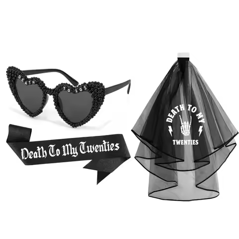Death To My 20s Birthday Set Black Heart-Shaped Sunglasses Glasses Glitter Sash Black Veil Farewell 