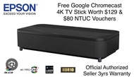 Epson EpiqVision LS800B UST Smart Ultra Laser Projector; 3-Chip 3LCD Technology, 4,000 Lumens, 4K PRO-UHD, HDR, 150", Android TV, Yamaha Speakers (3 Years Onsite Service Warranty) - Free 100” ALR Screen or Google Chromecast 4K TV Stick &amp; NTUC $80 vouchers