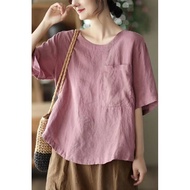 1890 people praised cotton and linen pocket Korean T-shirt for women 2023 round nec1890人好评棉麻口袋韩版t恤女2