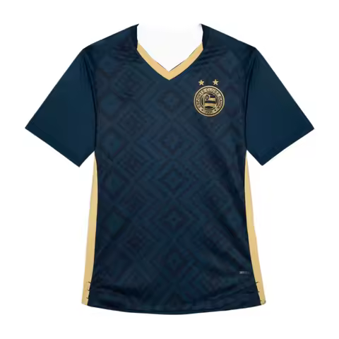 New Bahia Football Jersey Dark Teal Diamond Check Short Sleeve Golden Trim Football Shirt Breathable