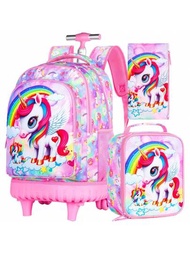 Mochila Rodante De 3 Piezas Para Niñas, Mochila Unicornio Con Ruedas Para Niños Para La Escuela, Mochila De Viaje Con Ruedas