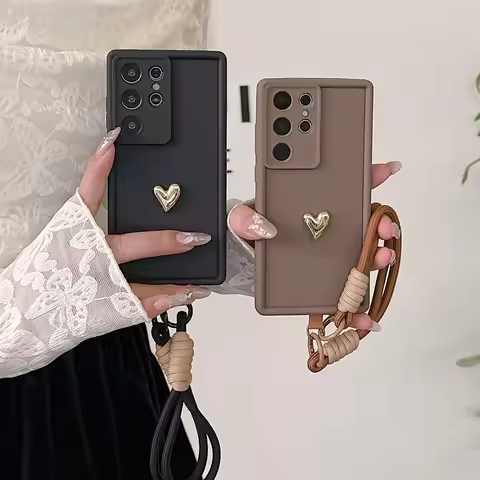 3D Gold Heart Love Wrist Strap Case For Samsung Galaxy S25 Ultra S23 S22 Plus S24 S21 FE Note 20 A55