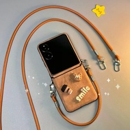 Fashion Cartoon Coffee Bear Crossbody Long Strap Portable Hand Chain Hinge Brown Leather Case Cover 