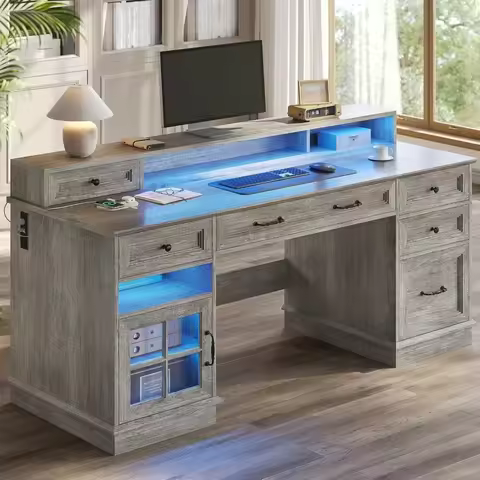 farmhouse executive desk with drawers computer desk with file drawers, power outlet and led lights, 