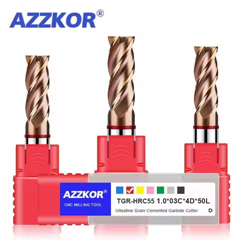 AZZKOR 1-20MM TGR-HRC55 Tungsten Steel Carbide 4-Flute Nano Coating Flat End Mills CNC Mechanical Ma