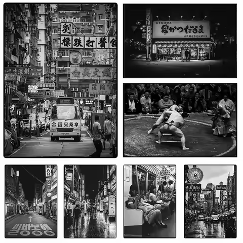Bangkok Street Hong Kong Street Seoul Food Tokyo Black White Asian Poster Canvas Painting Wall Art P