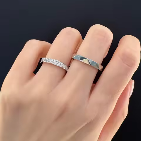 Electroplated 18K New Full Diamond Geometric Diamond Ring Wedding Pair Ring
