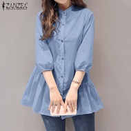 ZANZEA ผู้หญิง Patchwork Workwear Swing Shirt เสื้อ3/4แขนเสื้อ #11