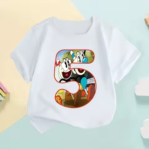 Cuphead Game Print Cartoon Number Bow Kids T Shirt Girls Clothes 1 2 3 4 5 6 7 8 9 Years Birthday Ba